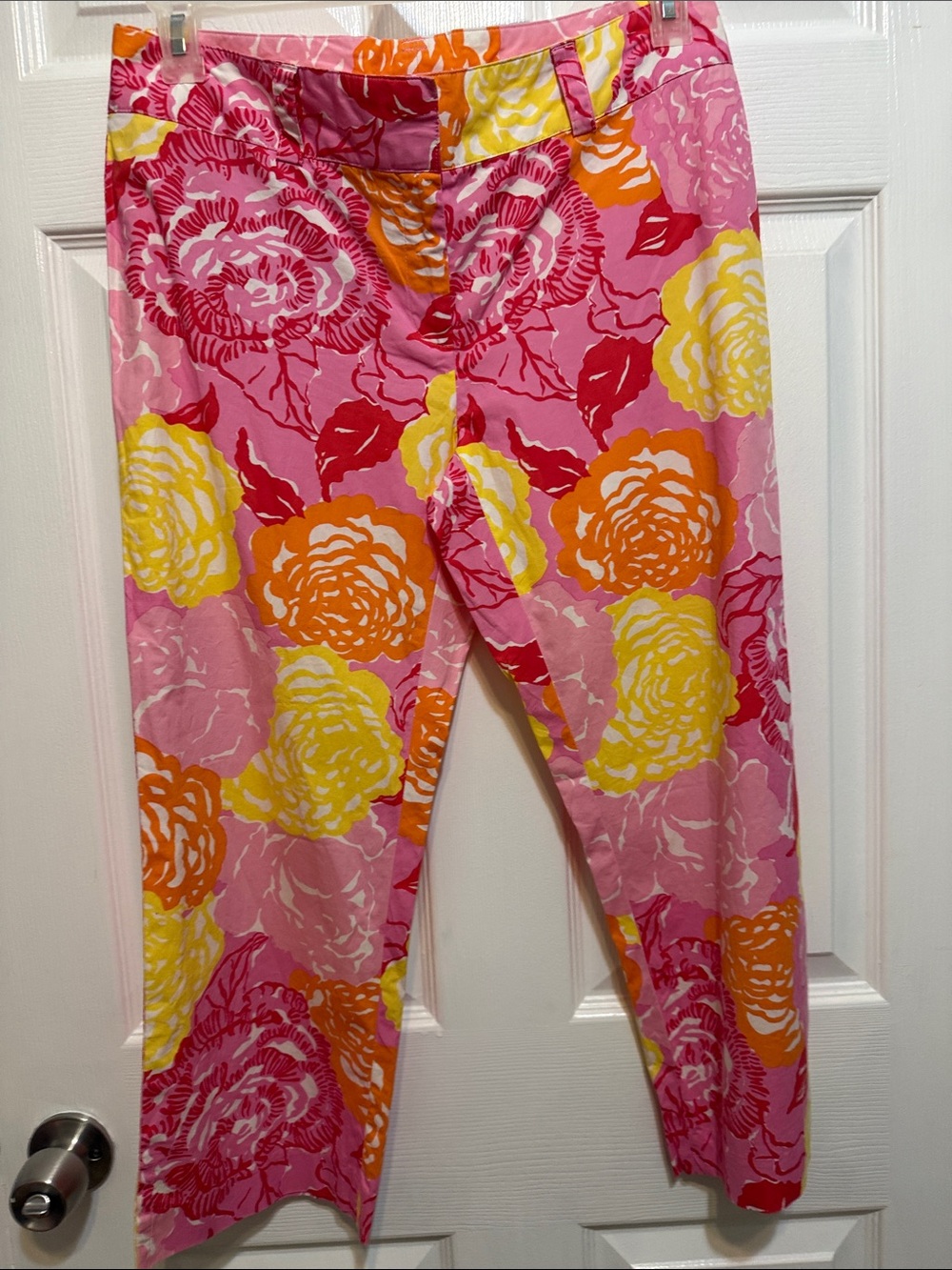 Vintage Lilly Pulitzer Pink Floral Capri Pants with Yellow & Orange Blooms